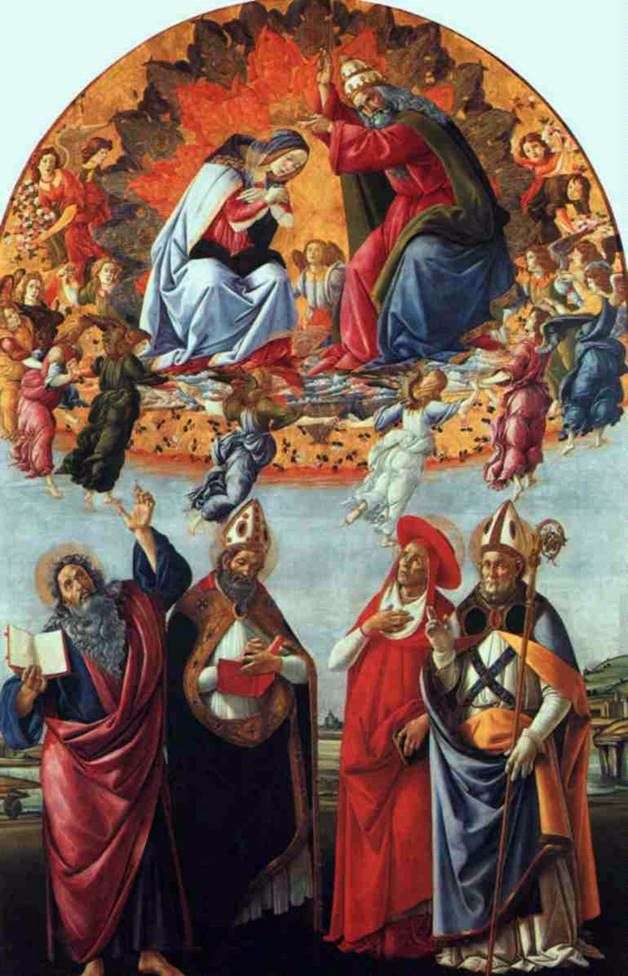 Алтарь Сан Марко, или Коронование Марии с ангелами, Евангелистом Иоанном и Святыми Августином, Иеронимом и Элигием   Сандро Боттичелли