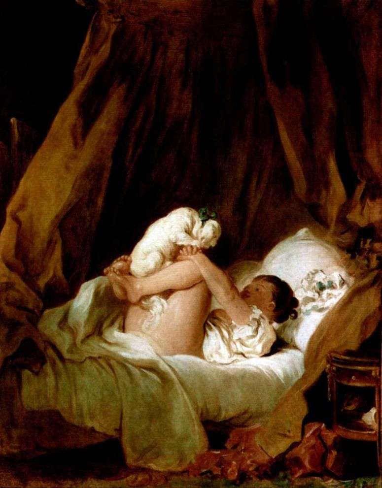 Девочка в постели, играющая с собачкой   Жан Оноре Фрагонар