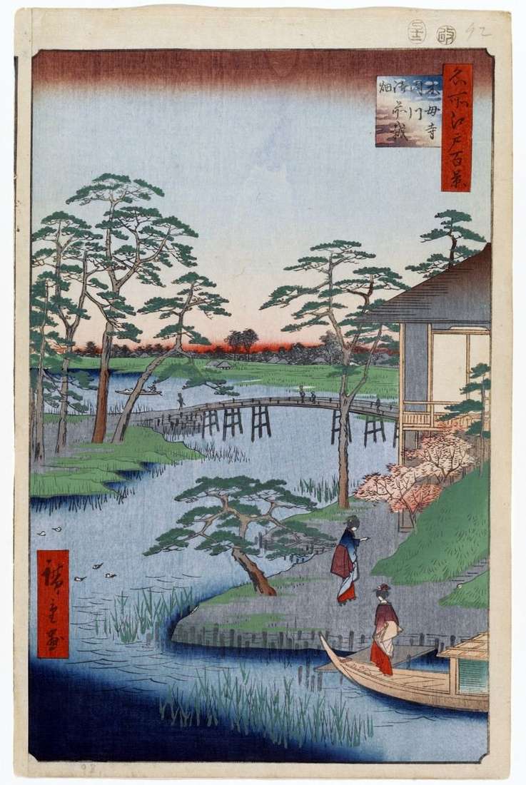 Монастырь Мокубодзи, река Утигава и поля Годзэнсаихата   Утагава Хиросигэ
