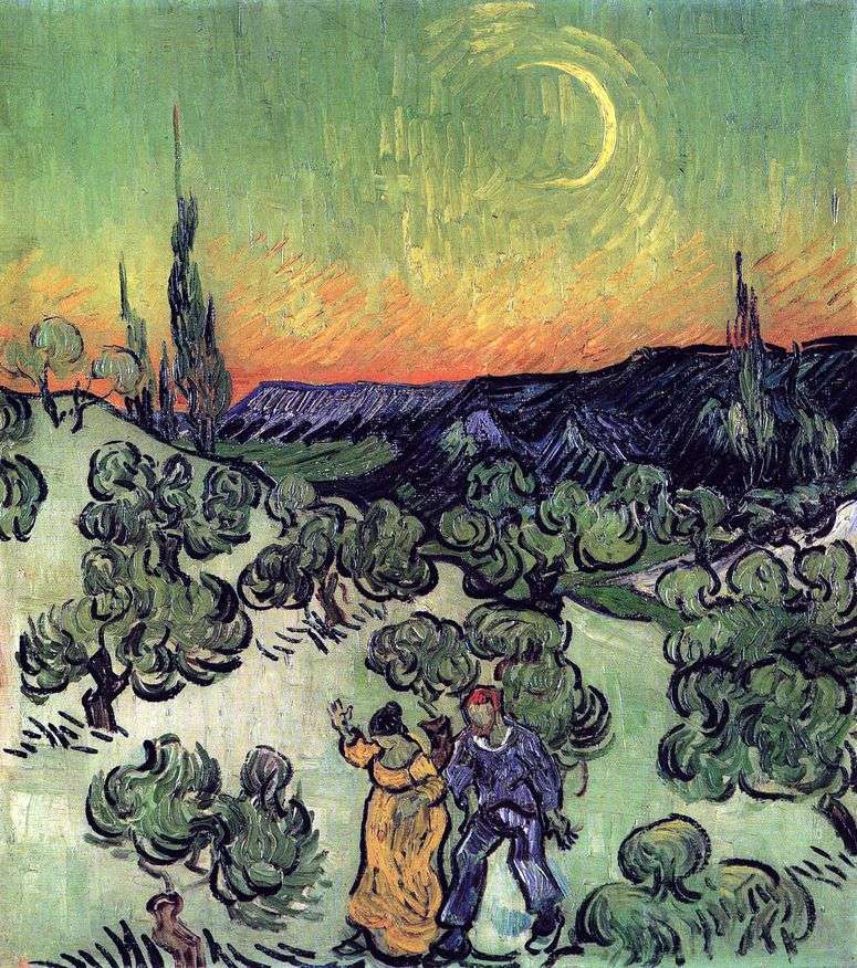 Пейзаж с прогуливающейся парой и серпом луны   Винсент Ван Гог