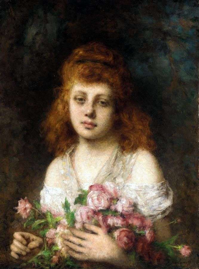 Рыжеволосая девушка с букетом роз   Алексей Харламов